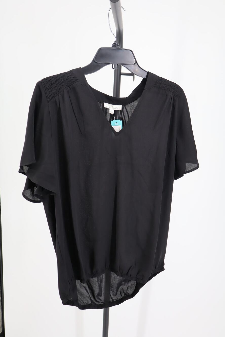 Nine Britton Women's Black Short Sleeve V Neck Smocked Blouse Top Size L
